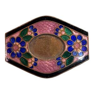 Vintage Czechoslovakia Pink Enamel Floral Brooch Cobalt Blue Flowers Accents